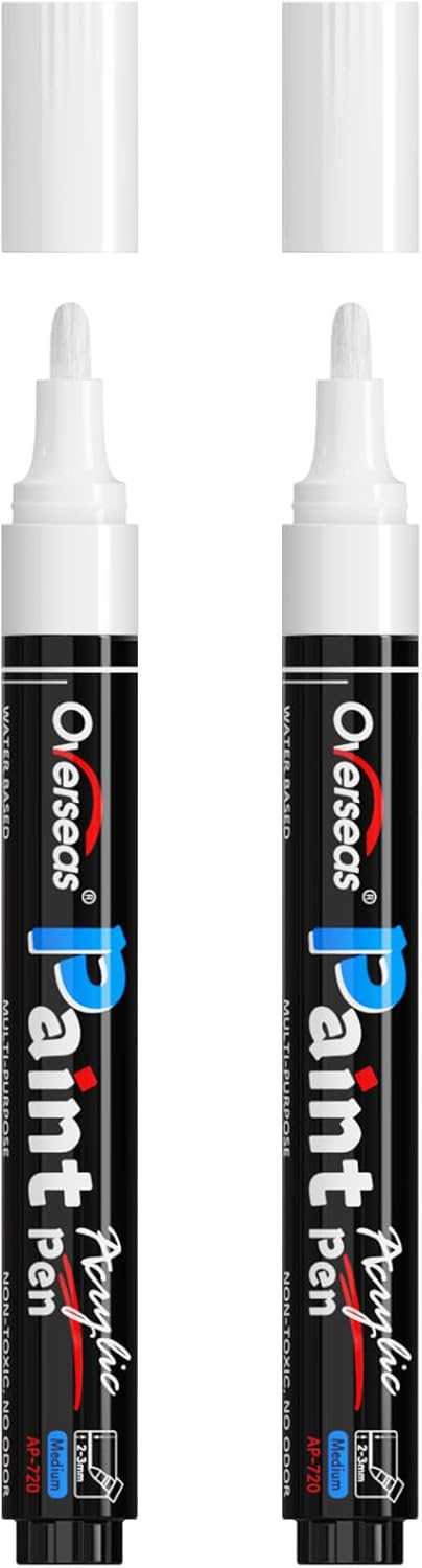 Overseas White Paint Pens Paint Markers - Permanent Acrylic Markers 2 Pack, Water Based, Quick Dry, Waterproof Marker Pen for Rock, Wood, Plastic, Metal, Canvas, Glass, Fabric, Mugs. Medium Tip