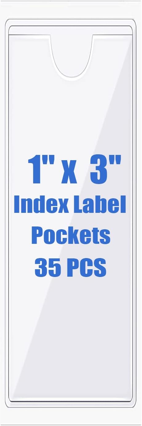 Origin-Joy 35 PCS Self Adhesive Index Card Pockets with Top Open, Clear Plastic Label Holder for Cards of Note, Library and Business, Adhesive Label Pockets & Card Holder (1 x 3 inch)