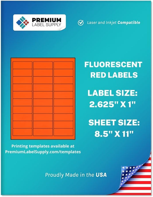 Premium Label Supply Bright Neon Color Fluorescent Stickers - 2.625" x 1" Address Labels - (Fluorescent Red, 3000 Labels)