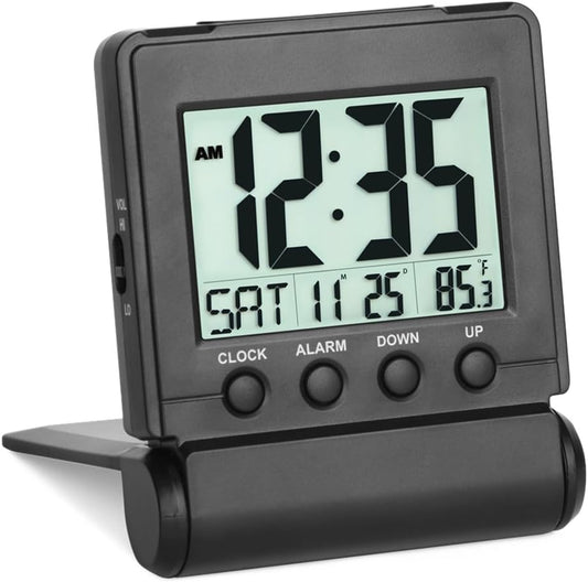 FAMICOZY Small Folding Digital Travel Alarm Clock with Day/Month/Date/Indoor Temperature,Easy to Read and Set,High/Low Alarm Volume,9 Min Snooze,Backlight on Demand,Bedside Calendar Alarm Clock,Black