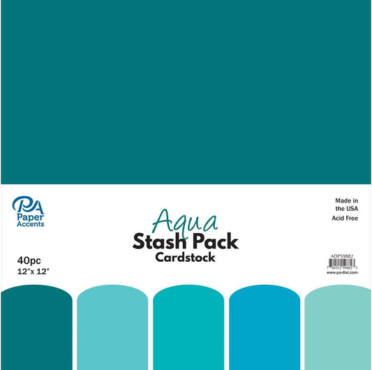 PA Paper Accents Stash Pack Cardstock Pack 12" x 12" Aqua colored cardstock paper for card making, scrapbooking, printing, quilling and crafts, 65lb., 40 pieces