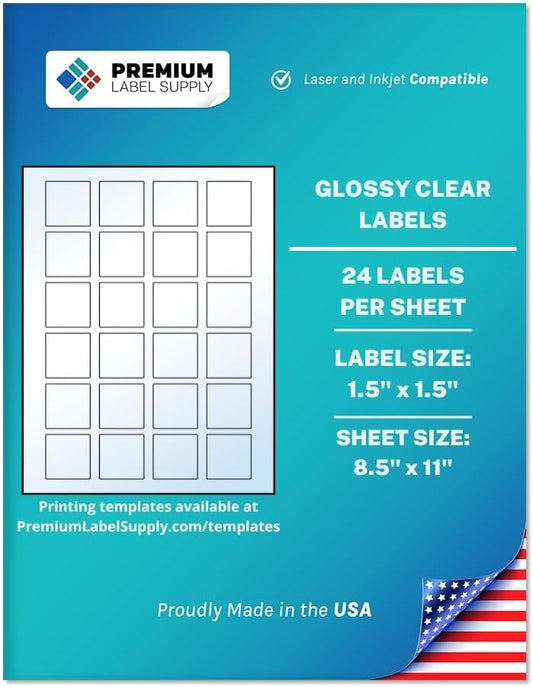 Premium Label Supply Glossy Clear Sticker Square Labels – 1.5" x 1.5" – Laser/Inkjet Compatible – (24 per Sheet), 100 Sheets – 2,400 Total Adhesive Labels