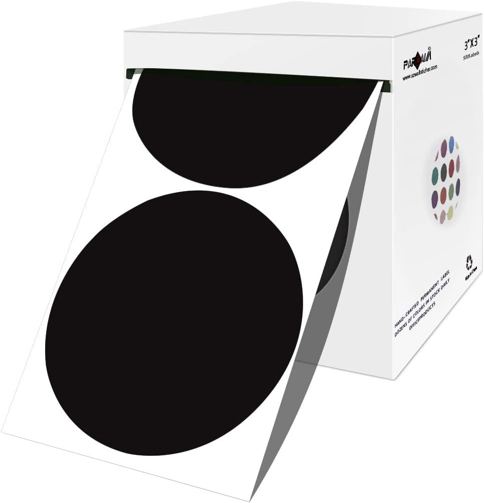 PARLAIM 3 Inch Round Color-Code Dot Stickers, 500 Color Coding Circle Labels per Roll Dispenser Box for Inventory, Black