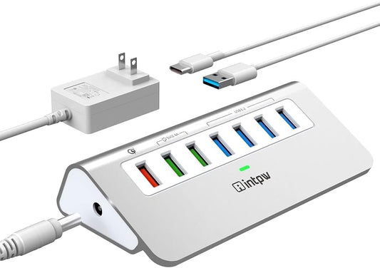 Powered USB Hub 10Gbps, Aluminum 7 Port USB 3.2 Data Hub with 4 USB 3.2 Gen 2 Ports, 3 Fast Charging Ports, 30W Power Adapter, Type A & C Cable for Mac, PC, Laptop