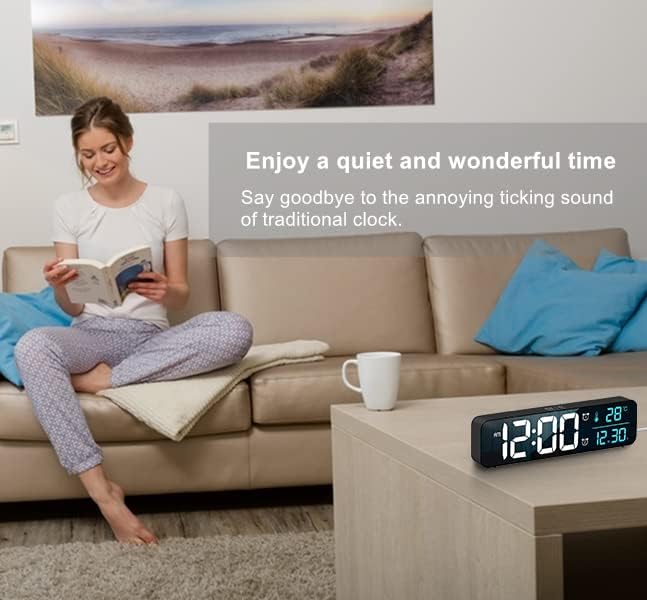 Digital Clock for Bedroom, Clocks for Living Room Decor, Desk Table Clock, Alarm Clock Large Display with Date Week Temperature, Automatic Brightness Dimmer, Smart Cool Modern (Black Blue)