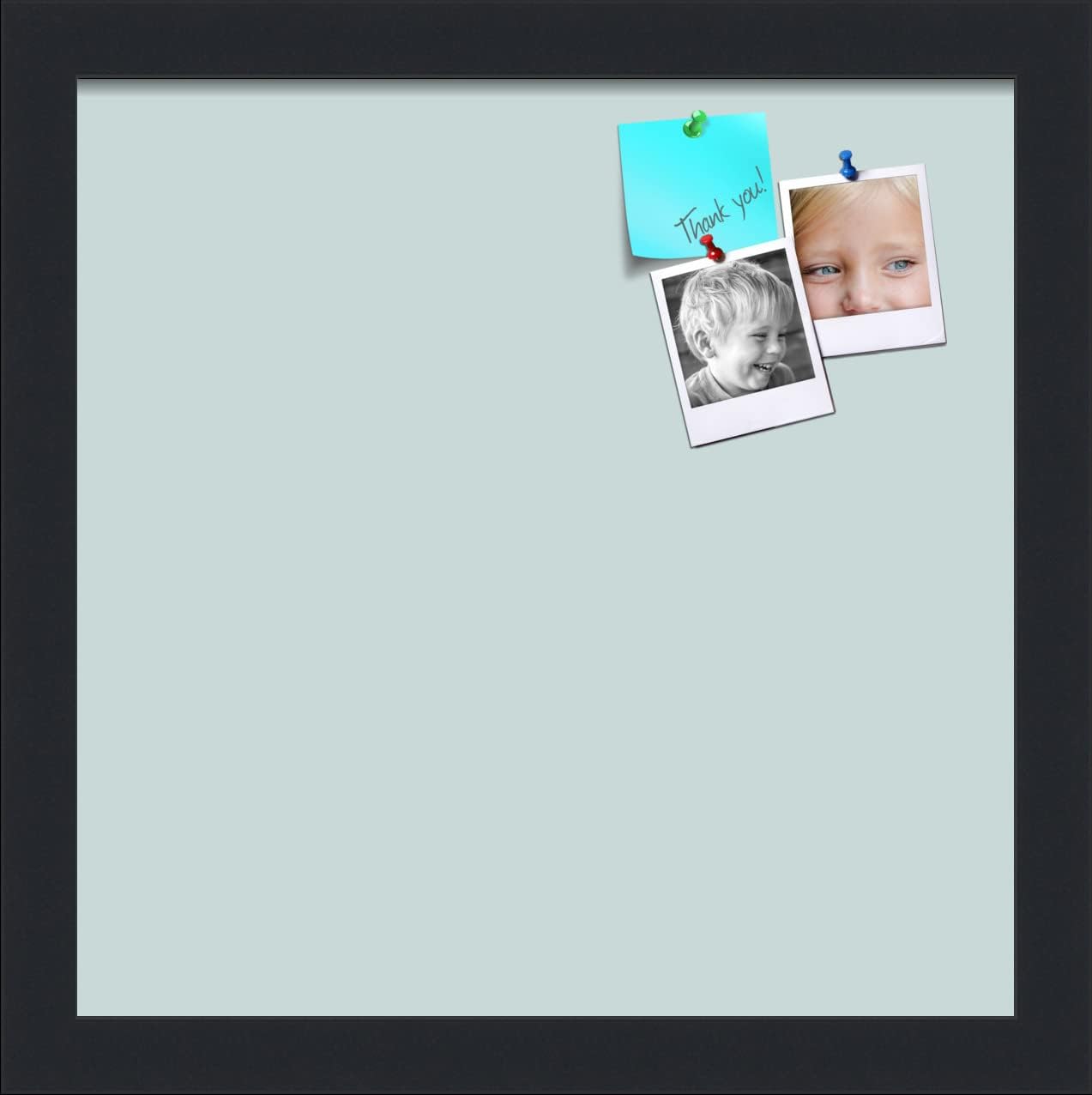 PinPix 12x12 Inch Cork Bulletin Board. This Decorative Framed Pin Board Comes with Soft Blue Design and a Satin Black Frame. Ideal for Home Office Decor or Message Board (PinPix-1814)