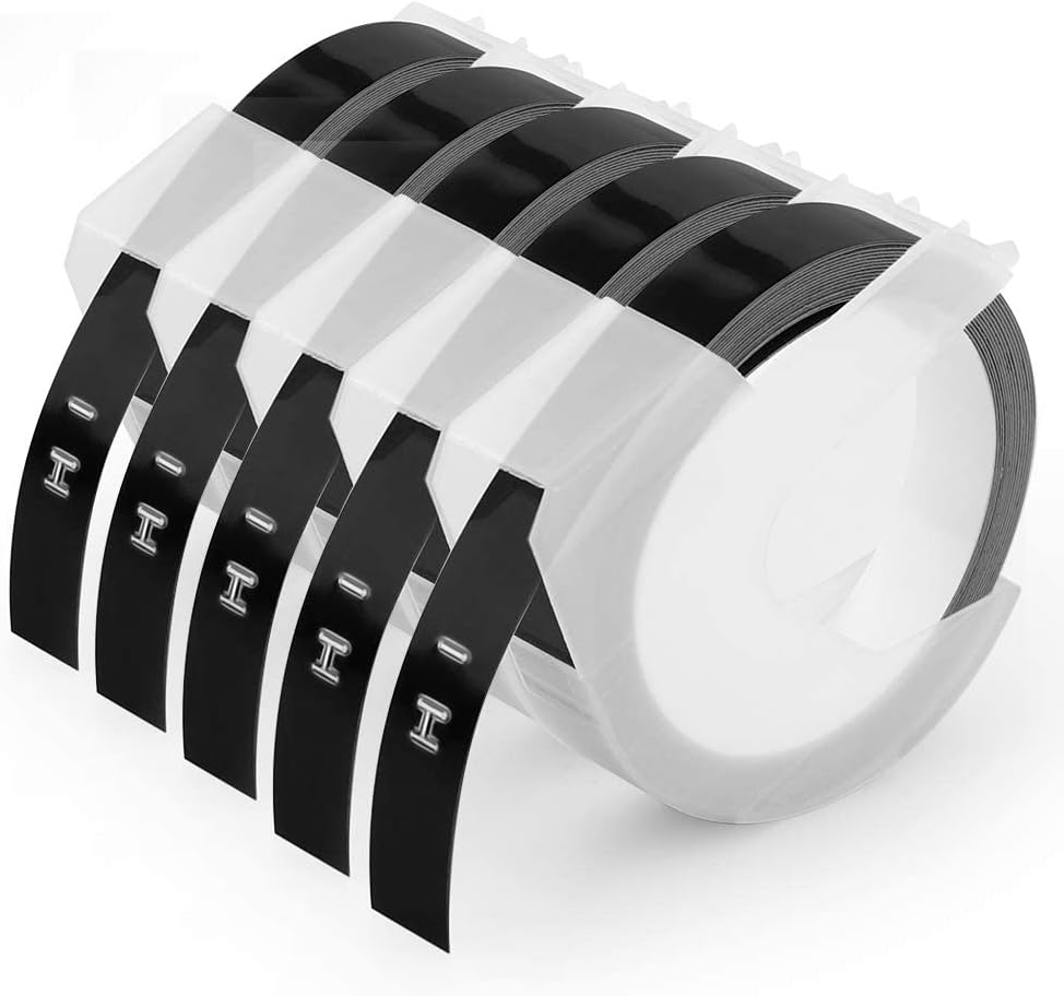 Oozmas Replacement for Dymo Embossing Label Tape 3/8 Inch 3D Plastic 1741670 White on Black for Dymo Organizer Xpress Tape 1540 1550 1570 Office Mate II 12965 DYM12966 Embossed Labels, 5-Pack