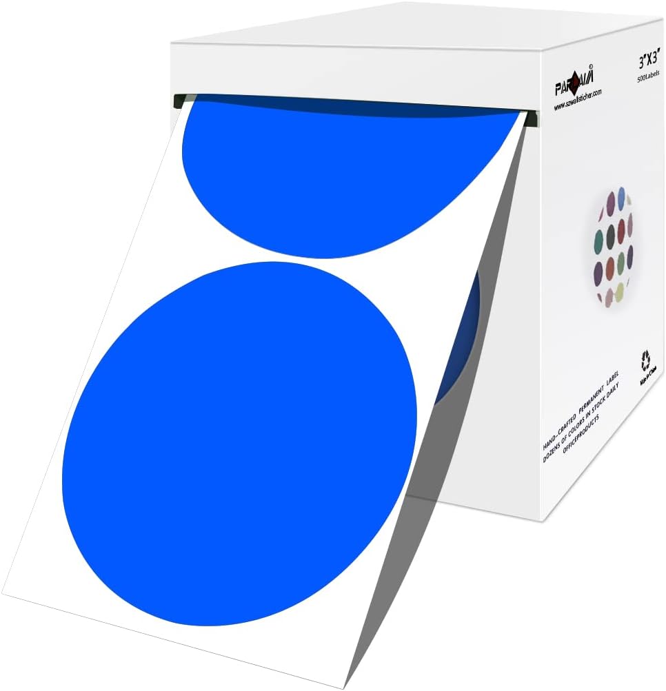 PARLAIM 3 Inch Color Code Circle Dot Stickers, 500pcs Round Color Coding Labels in Dispenser Box for Inventory Business, Blue