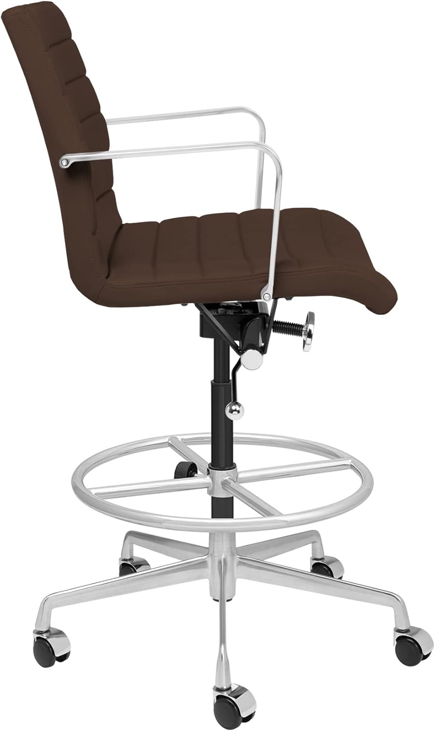 Laura Davidson Furniture SOHO II Ribbed Drafting Chair for Standing Desks, Standing Desk Chair - Ergonomically Designed, Draft Height, Arm Rest & Cushion, Made of Faux Leather, Dark Brown