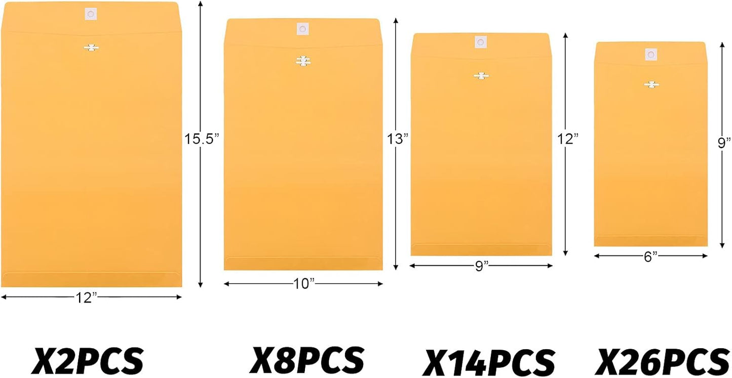 Frienda 4 Sizes Clasp Envelopes Kraft Paper Catalog Clasp Envelope with Closure for Filing, Storing or Mailing Documents, 50 Pieces(6 x 9 In, 9 x 12 In, 10 x 13 In, 12 x 15.5 In,Yellow)