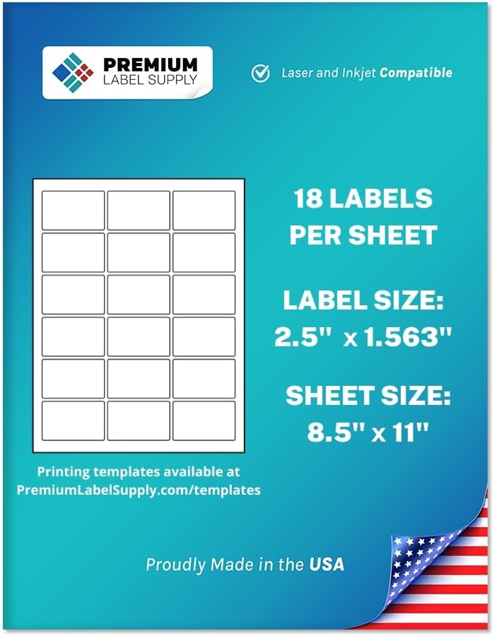 Premium Label Supply White Sticker Rectangle Labels – 2.5" x 1.563" – Laser/Inkjet Compatible – (18 per Sheet), 25 Sheets – 450 Total Adhesive Labels
