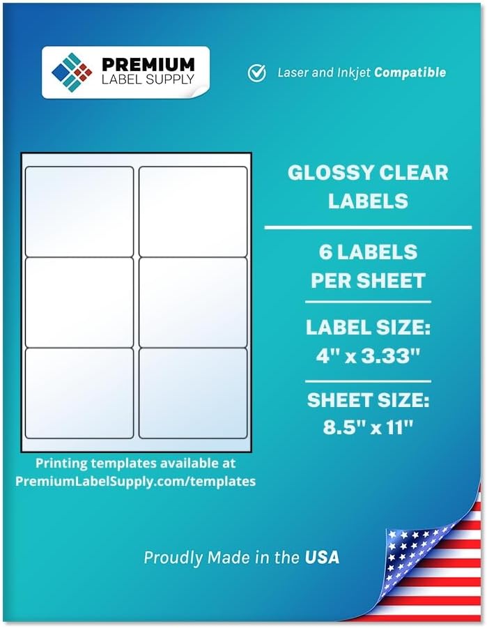 Premium Label Supply Glossy Clear Mailing Labels – 4" x 3.33" – Laser/Inkjet Compatible – (6 per Sheet), 10 Sheets – 60 Total Adhesive Labels