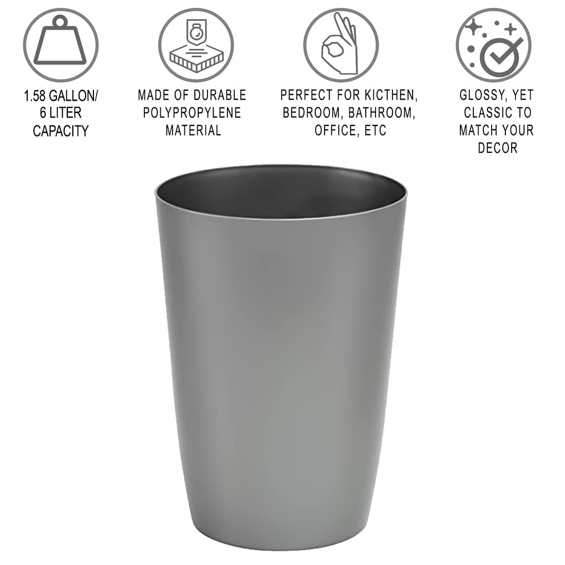 HOLDN’ STORAGE Small Trash Can - 1.58 Gallon Open Top Waste Bin, Compact Waste Can Perfect for Bathroom, Kitchen, Office, Dorm - Durable Garbage Can - Silver Brushed