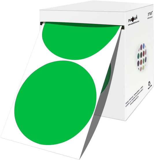 PARLAIM 3 Inch Round Color-Code Dot Stickers, 500 Color Coding Circle Labels per Roll Dispenser Box for Inventory, Green