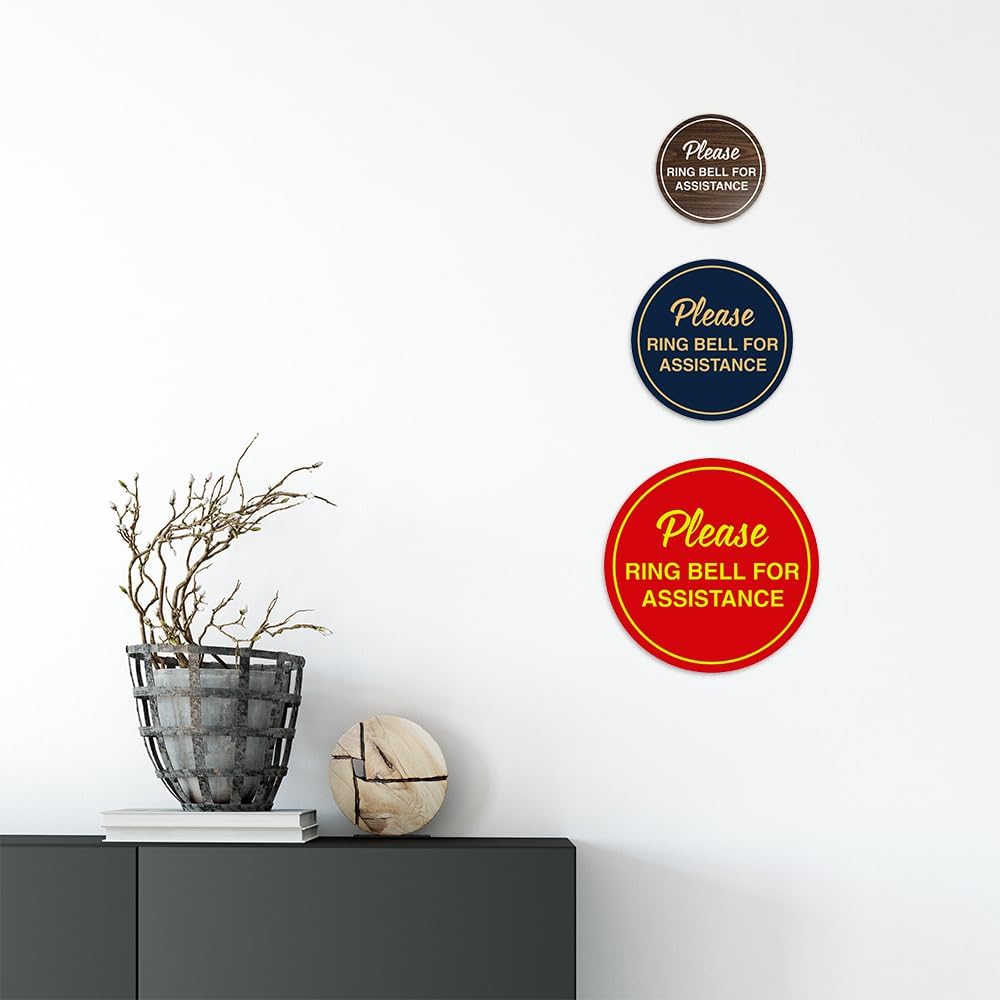 Signs ByLITA Circle Please Ring Bell For Assistance Wall or Door Sign | Easy Installation | Front Desk Reception Sign (White/Red) - X-large (5 Pack)
