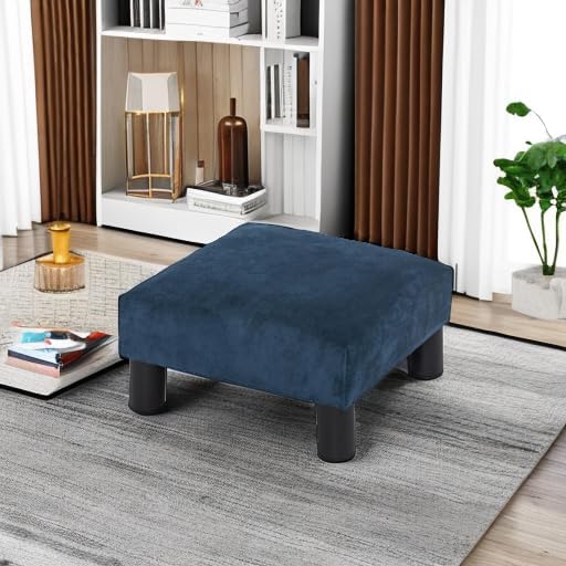 Joveco Small Foot Rest Stool Ottoman, 15" Fabric Square Short Low Footstool Upholstered Footrest for Chair, Under Office Desk, Living Room, Navy Blue