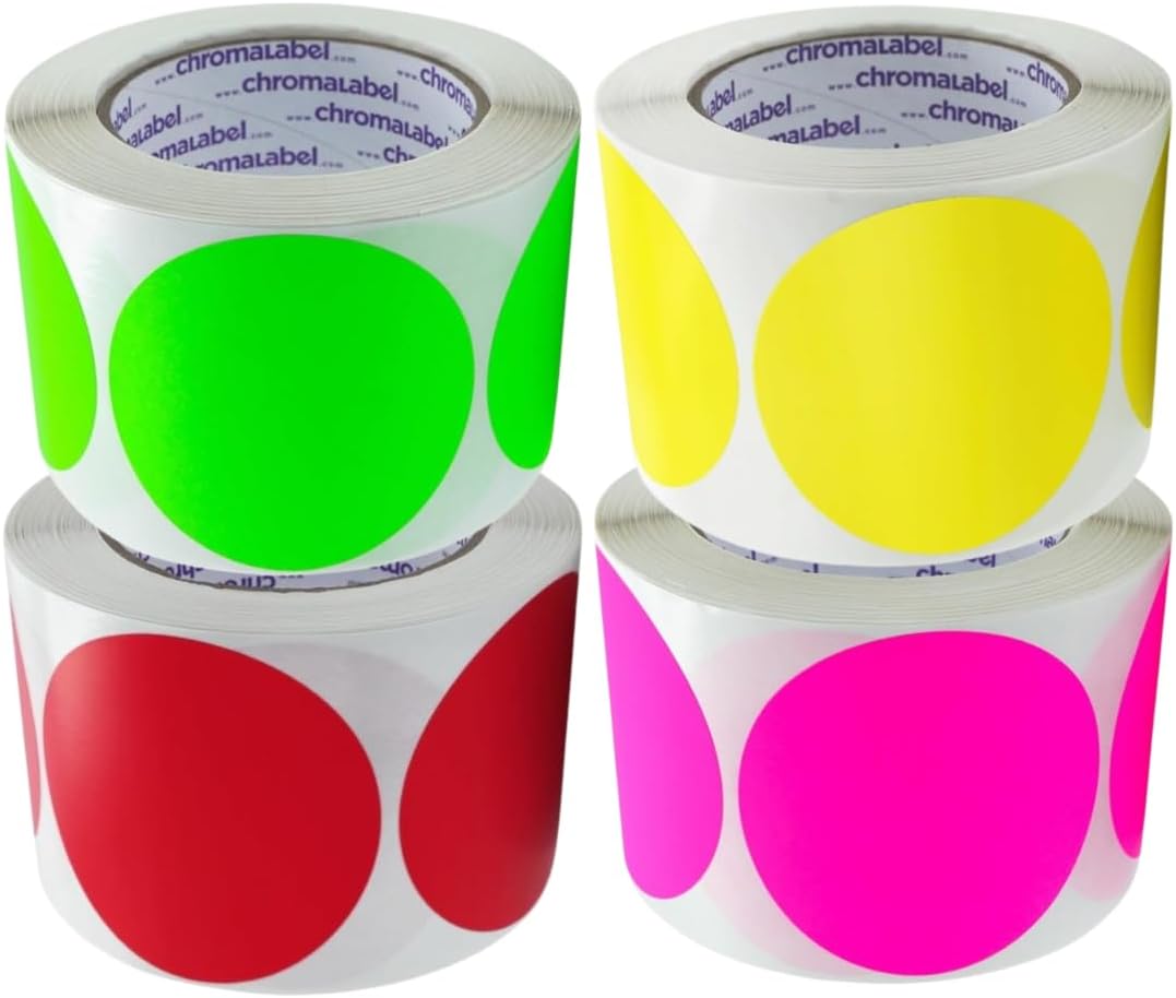 ChromaLabel 3 Inch Round Sticker Labels, Permanent Dots Color Coding Label, Easy to Write On Stickers - 500 Colored Labels per Roll - Matte Finish Fluorescent Green, Red, Yellow, and Fluorescent Pink