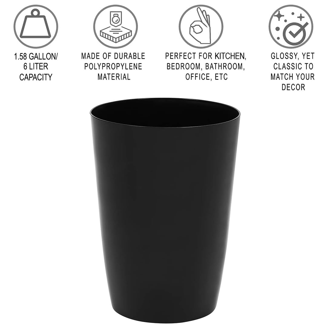 HOLDN’ STORAGE Small Trash Can - 1.58 Gallon Open Top Waste Bin, Compact Waste Can Perfect for Bathroom, Kitchen, Office, Dorm - Durable Garbage Can - Glossy Black
