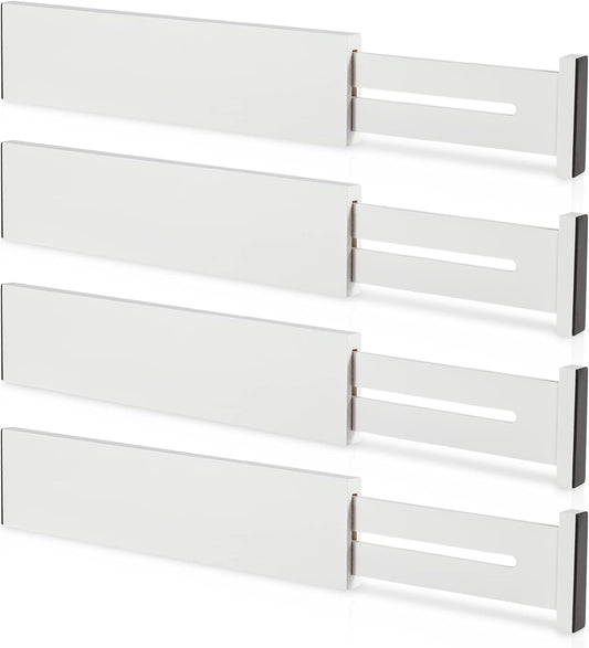 FJO 4 Pack Adjustable Bamboo Drawer Dividers - 11.8" - 17" Expandable Drawer Separators for Kitchen, Utensils, Clothes, Bedroom, Dresser, Bathroom (White)