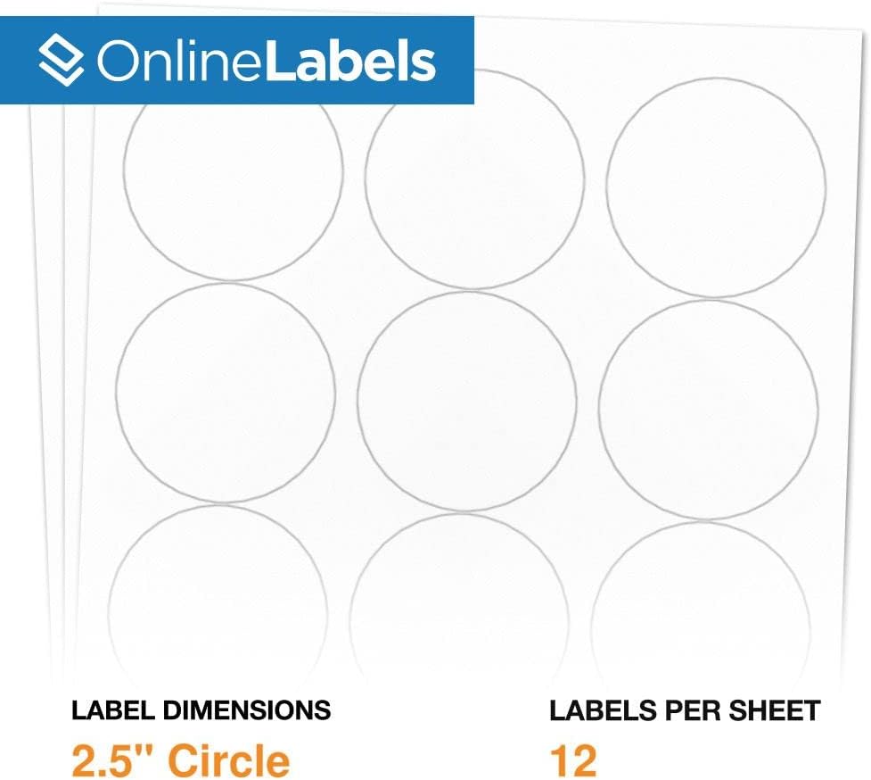 2.5" Round Labels - Permanent Adhesive, White Matte - Great for Candle and Jar Lids, Products, Favor Labels - Pack of 1,200 Circle Stickers, 100 Sheets - Inkjet/Laser Printers, OL350WX, OnlineLabels