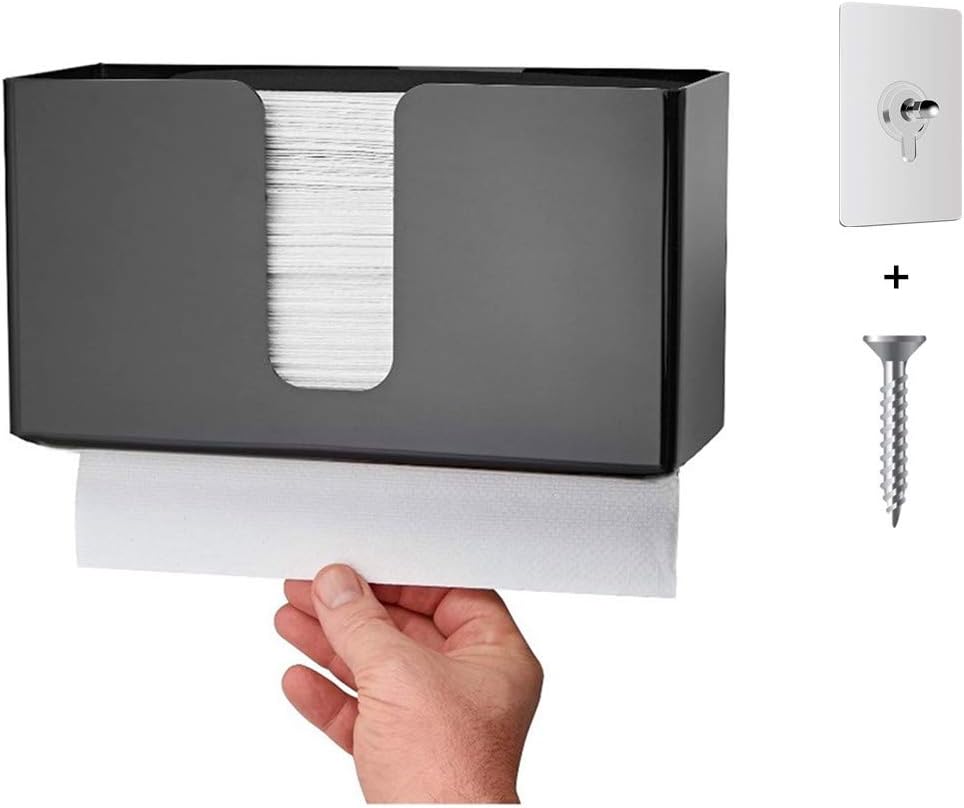 IEEK Paper Towel Dispenser Wall Mount Acrylic Paper Towel Holder for Bathroom Office and Kitchen,Hand Towel Dispenser Fits Multi-Fold Paper Towel,C-Fold, Zfold,Tri fold Paper Towels,Black