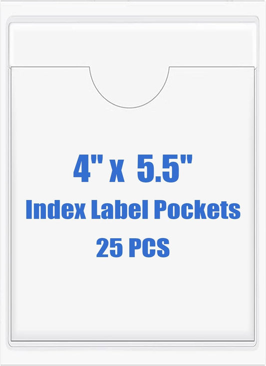 Origin-Joy 25 PCS Self-Adhesive Index Label Pockets, Clear Plastic Peel & Stick Card Holders with Top Open for Loading (4 x 5.5 inch)