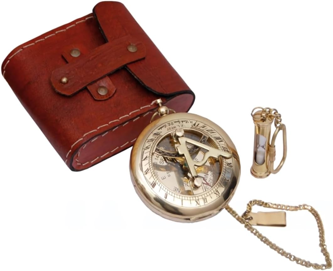 Brass Sundial Compass with Leather Case - Compass Gift for Men - Anniversary Sundial Compass Gift for Him or Her–Antique Brass & Copper-Sundial Clock in Box Gift