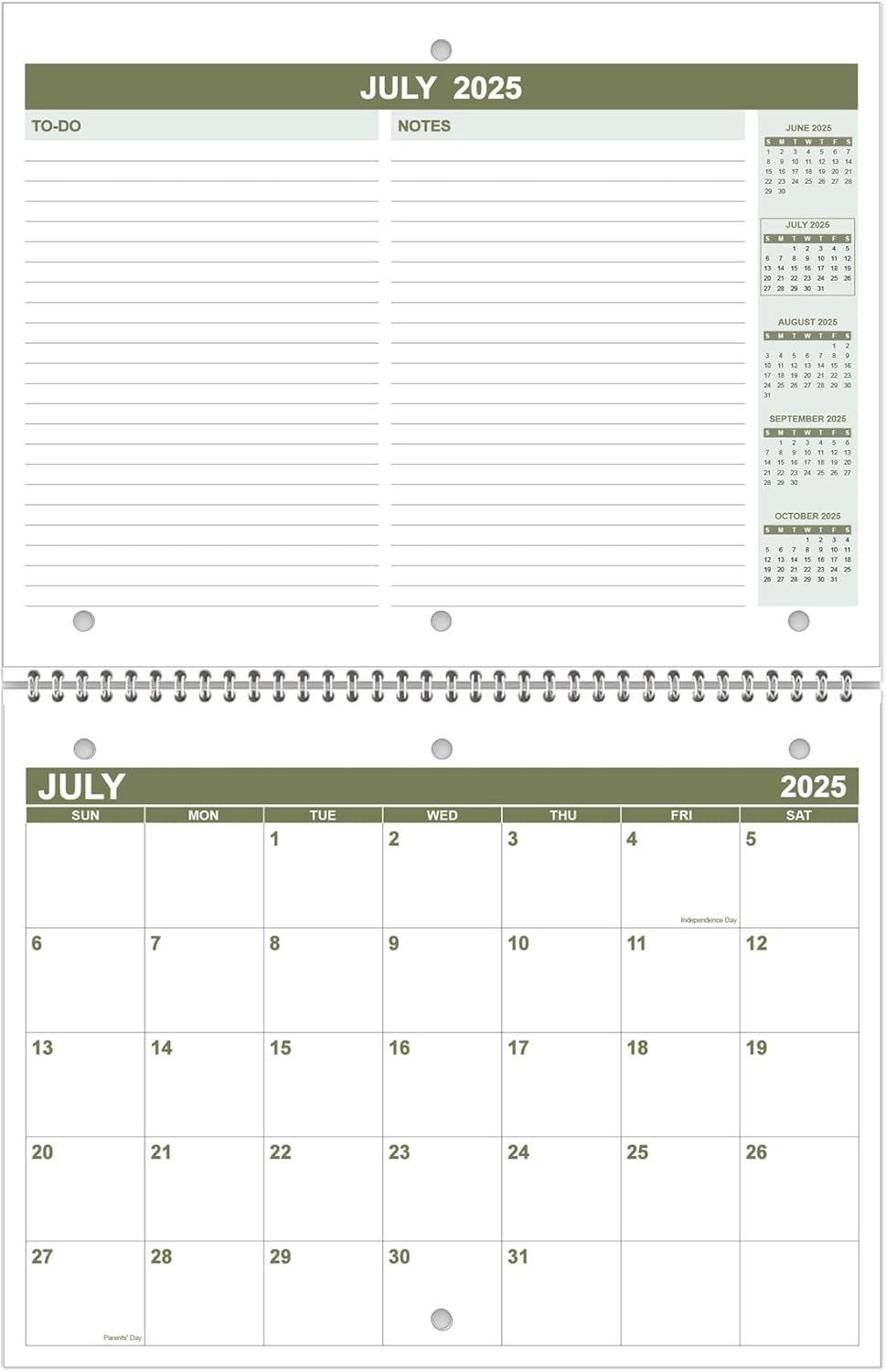 Calendar 2025-2026 for 3 Ring Binder - Calendar 2025-2026 from July 2025 - December 2026, 18 Months Calendar with Premium Paper, 3-Hole Wall Calendar, 8.5" x 11", Green