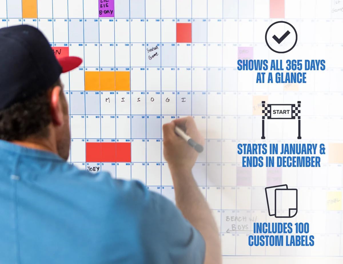 The Big A Calendar Yearly Wall Planner – January to December Dry-Erase Board – Includes 1 Marker & 100 Labels – Lightweight, Easy to Hang Yearly Planner – Plan Goals & Adventures – Gray, 4’x3’