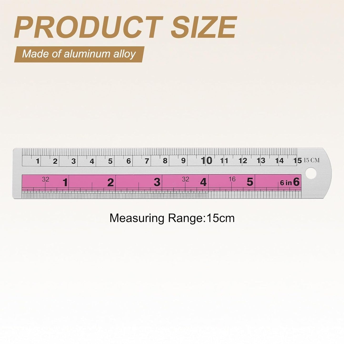 HARFINGTON 4pcs Metal Straight Ruler 15cm Metric SAE Aluminum Alloy Measuring Rulers Scale Tools with Hole for Measure Study Reading Classroom Office, Pink