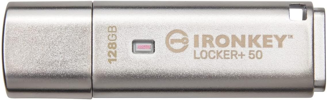 Kingston Ironkey Locker+ 50 128GB Encrypted USB Flash Drive | USB 3.2 Gen 1 | XTS-AES Protection | Multi-Password Security Options | Automatic Cloud Backup | Metal Casing | IKLP50/128GB