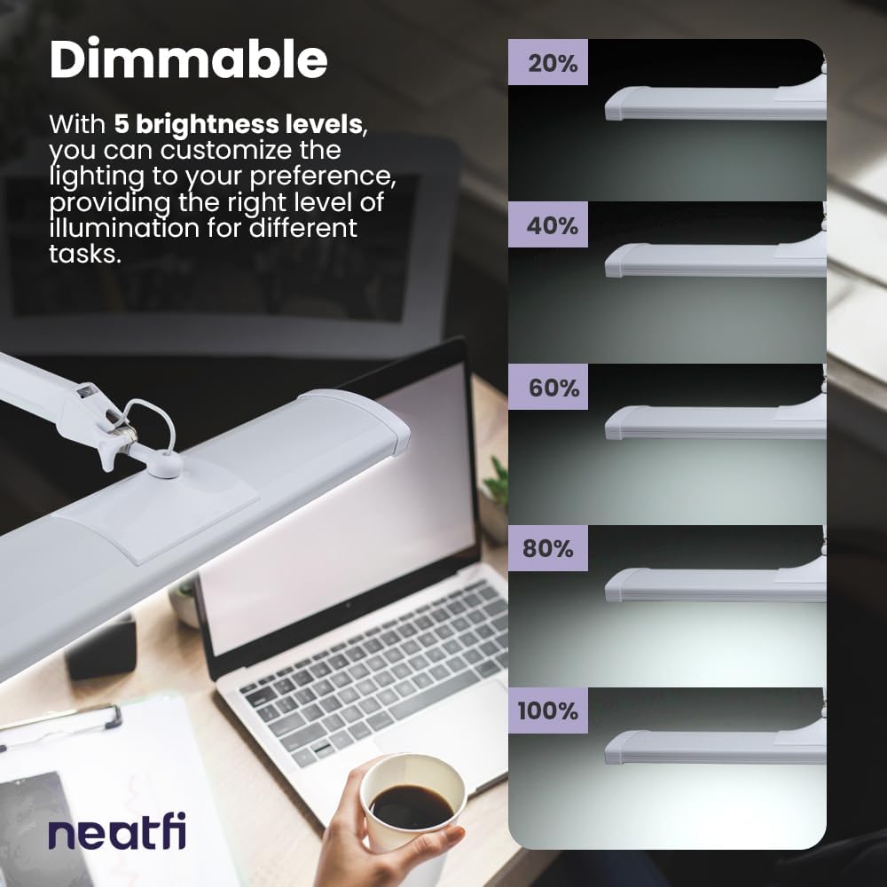 Neatfi Ultra 3,500 Lumen LED Desk Lamp, Color Correlated Temperature, 3 Light Modes, Dimmable, 45W, 26 Inch Wide Metal Shade, 540 SMD LEDs (CCT with Clamp, White)