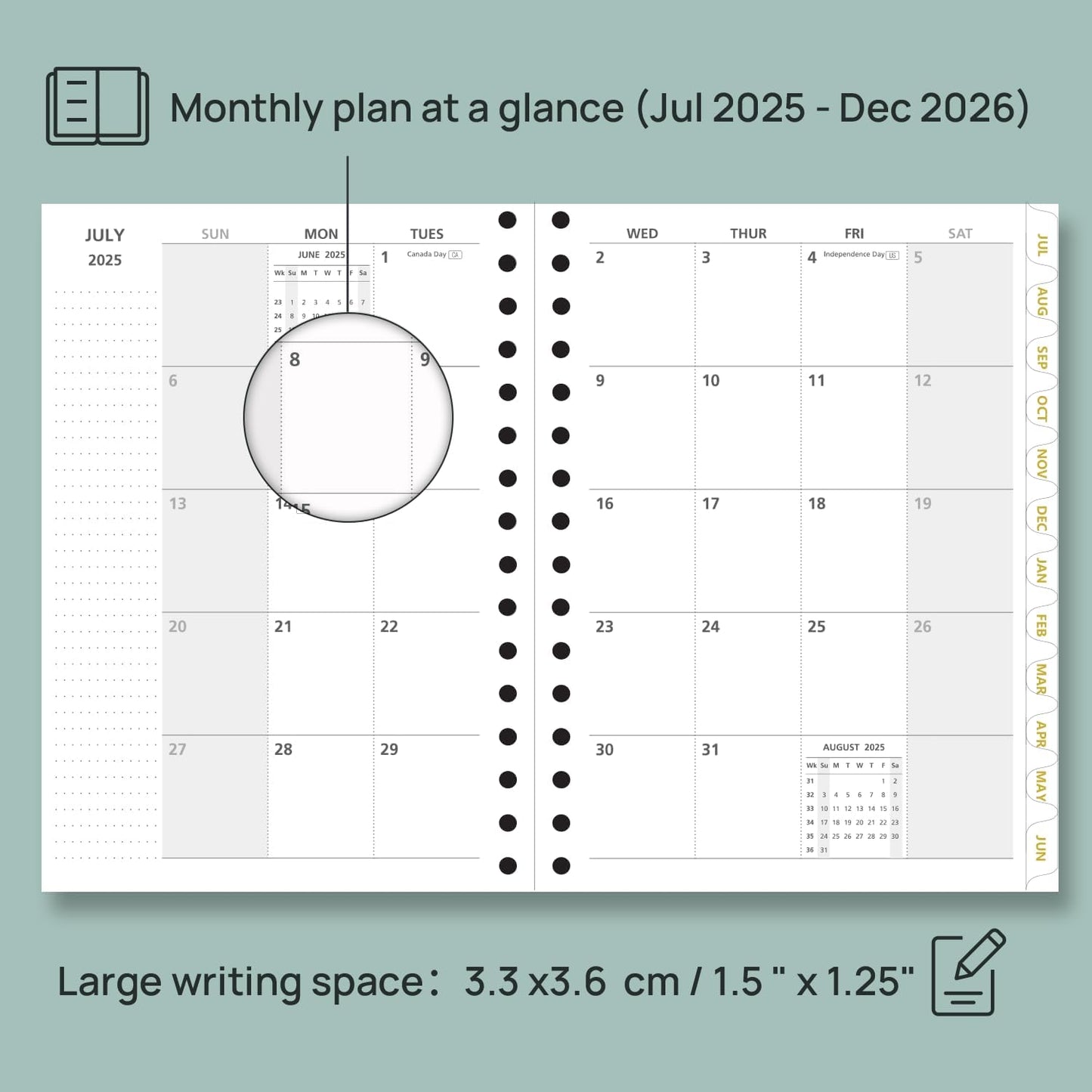POPRUN Monthly Planner 2025-2026 Spiral Hardcover (6.25'' x 8.5''), 18 Months Calendar (Jul.2025 - Dec.2026)- 2 Pages per Month with Dotted Note Pages, Sunday Start, Laminated Tab - Haze Blue