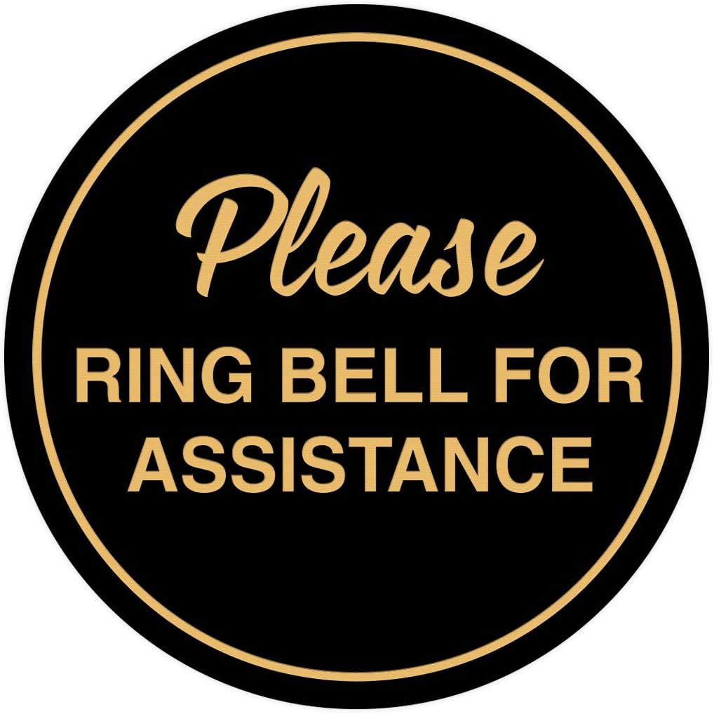 Signs ByLITA Circle Please Ring Bell For Assistance Wall or Door Sign | Easy Installation | Front Desk Reception Sign (Black Gold) - X-large (1 Pack)