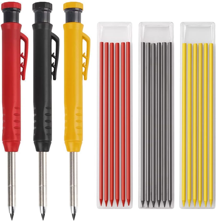 Gegong 3 Pieces Solid Carpenter Pencil with 21 Refill Built-in Sharpener, Long Nosed Deep Hole Mechanical Pencil Marker Marking Tool (Solid Carpenter Pencil Set)