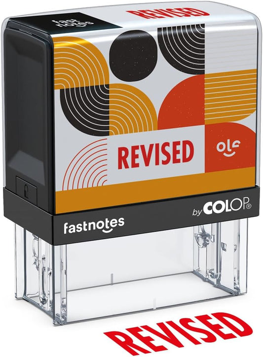 Fastnotes Revised Self-Inking Rubber Stamp by COLOP - Great for Office Documents, Notary, Warehouse, Accounting Paperwork, Business, and Legal Documentation - Red Ink (Revised- Red)