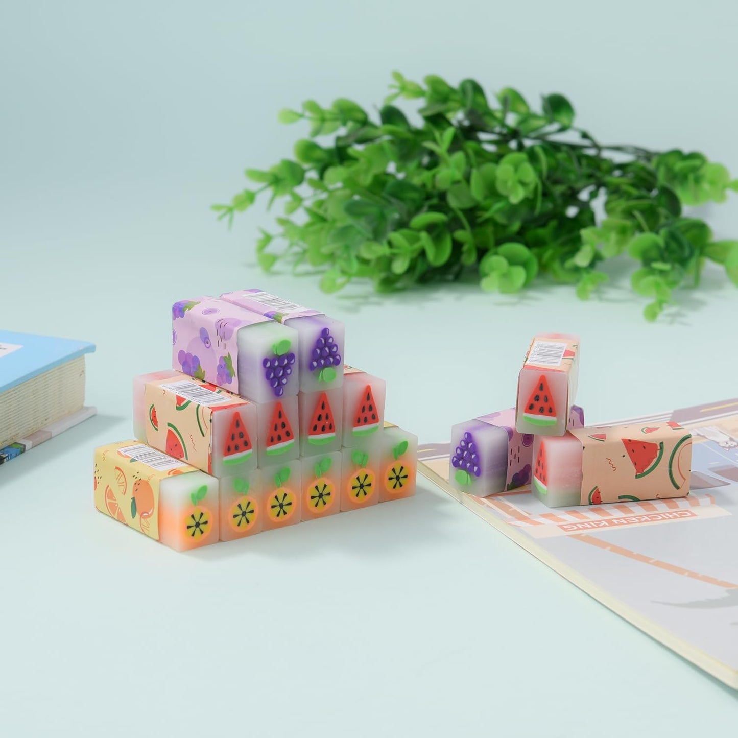 18 Pack Fruit Erasers, Kawaii Jelly Erasers for Kids, Rectangular, Colorful, Thermoplastic Elastomer (TPE) Material, Fun Eraser