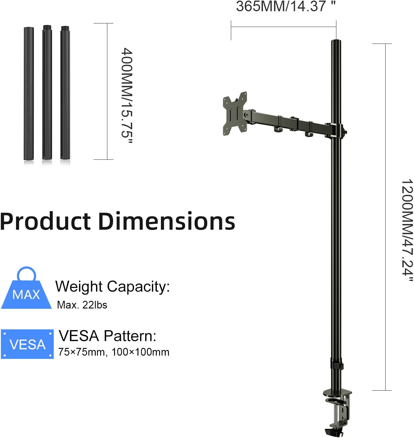 Pholiten Extra Tall Single Monitor Desk Mount Stand with 47 inch Pole for 13 to 27 inch Screens,Fully Adjustable Monitor Arm Mount for Desk, Holds up to 22lbs