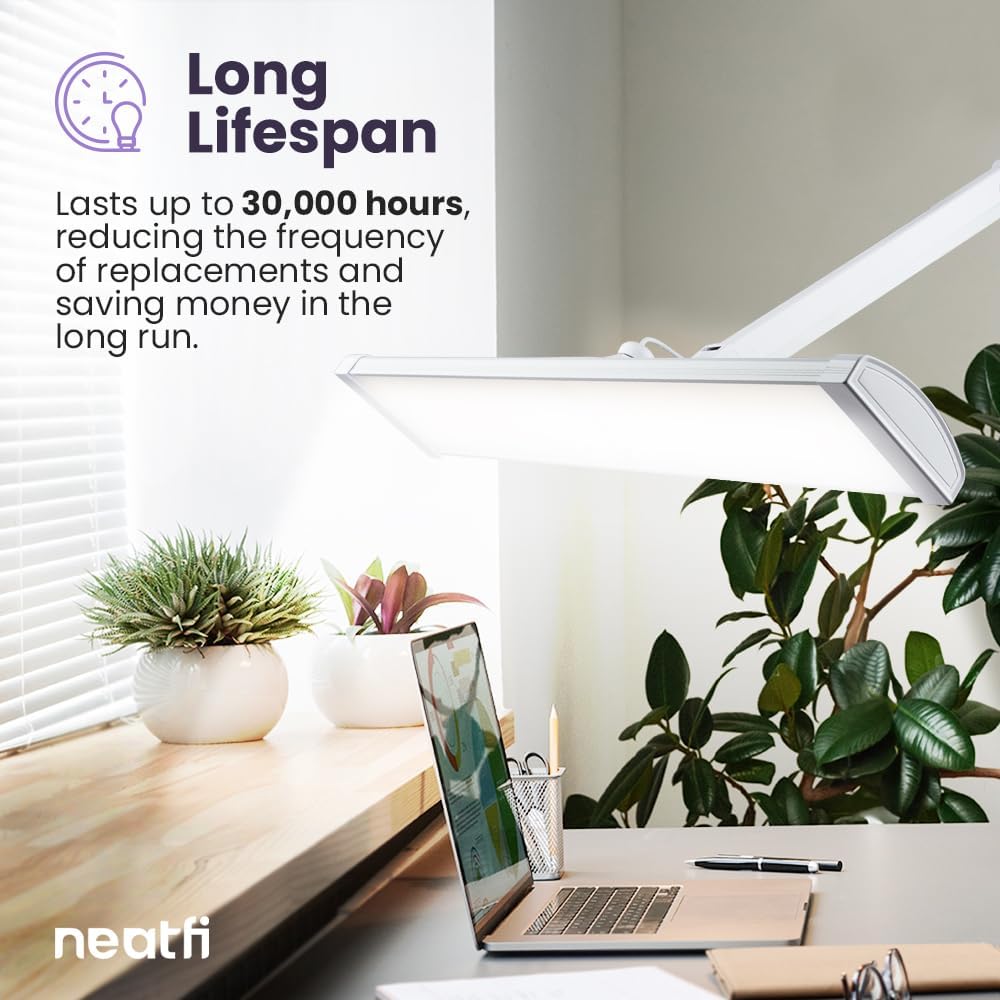 Neatfi Ultra 3,500 Lumen LED Desk Lamp, 45W, 26-Inch Wide Metal Shade, 270 SMD LEDs (Non-CCT with Clamp, White)