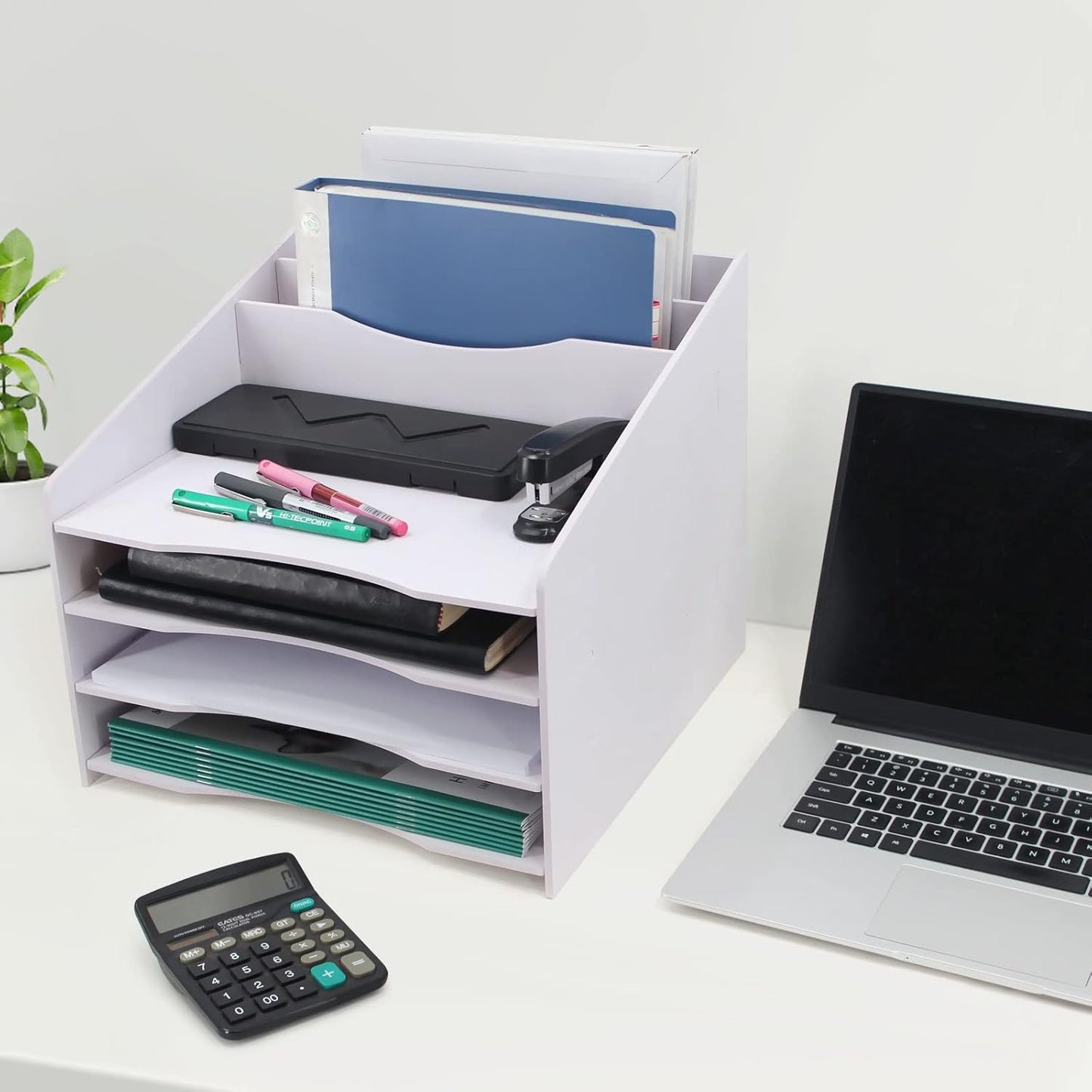 SONGWAY Desk File Organizer and Accessories Storage - Desktop Organizer with Horizontal and Vertical File Folder Holders, Letter Mail Sorter, 4 Tier Paper Storage for Desk Home Office School