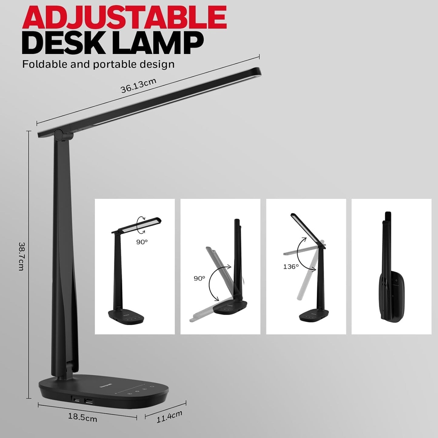 HONEYWELL LED Desk Lamp - HWT-H2 Sunturalux™ Eye-Caring Foldable Desk Light with USB A+C Dual Charging Port 4 Color Modes Dimmable Table Lamp for Home Office Bedroom Reading Study Work - Black