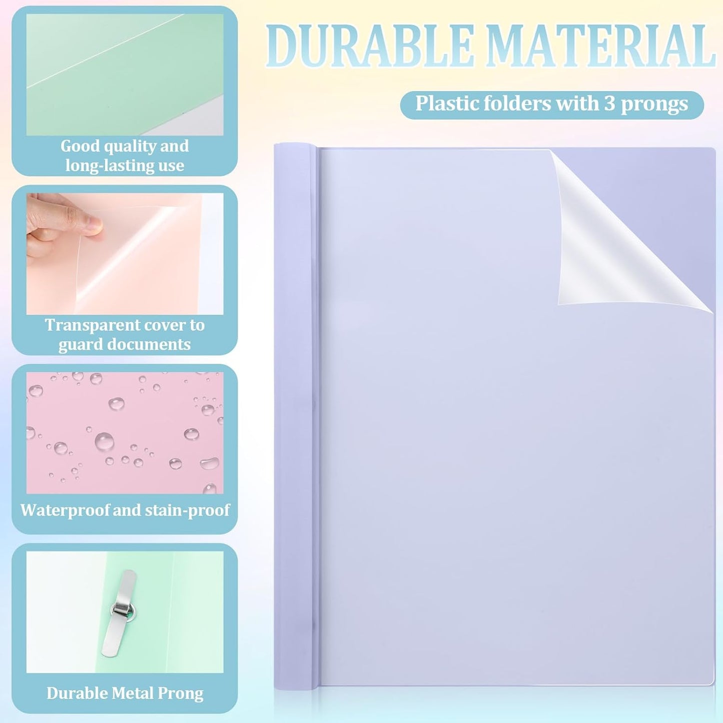 12 PCS Pastel Plastic Report Covers with 3 Prongs Clear Front Presentation Folders 3 Prong Folders for Resume Portfolio Document Report Letter Proposal School Classroom Office Supplies (Pastel)