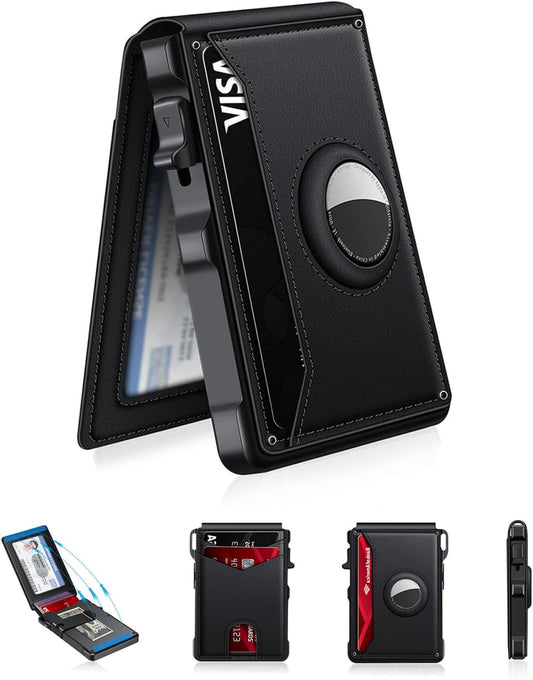 Airtag Wallet for Men, Mens Smart Wallet for Air Tag RFID Blocking, Minimalist Bifold Pop Up Aluminum Credit Card Case Holder 12+ Cards with ID Window, Gift for Men, No Airtag Included, Black