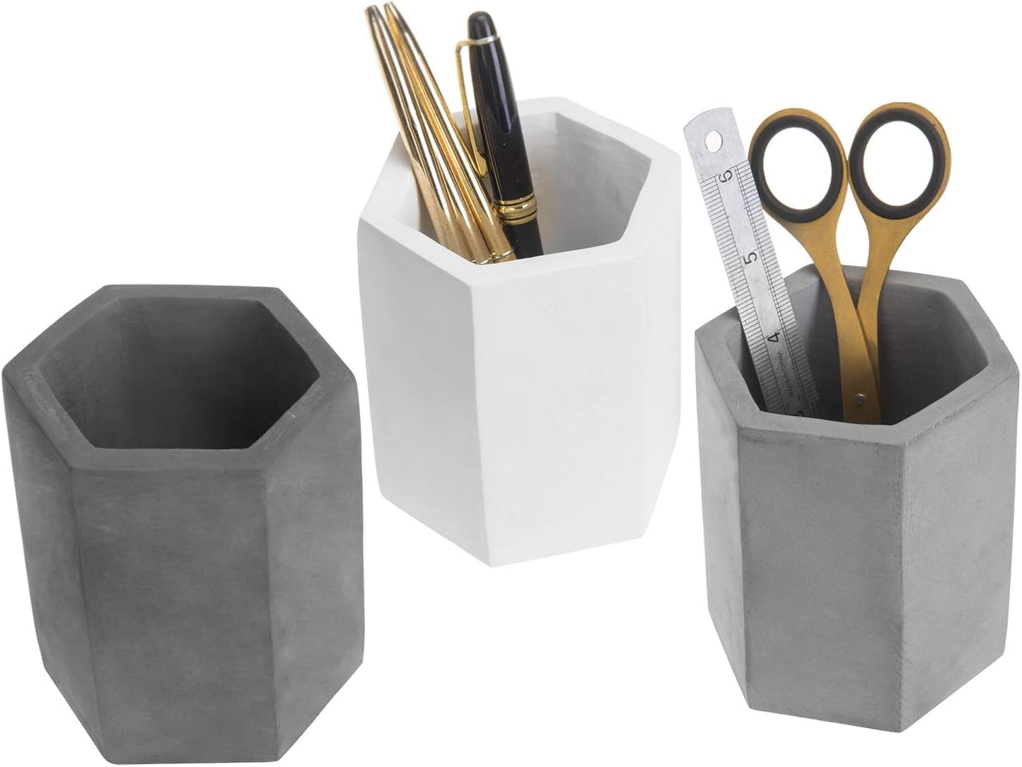 MyGift Set of 3 Cement Decorative Hexagon Multi-Colored Desktop Pen Holder and Pencil Office Supply Stationary Storage Cups (White, Gray, Black)