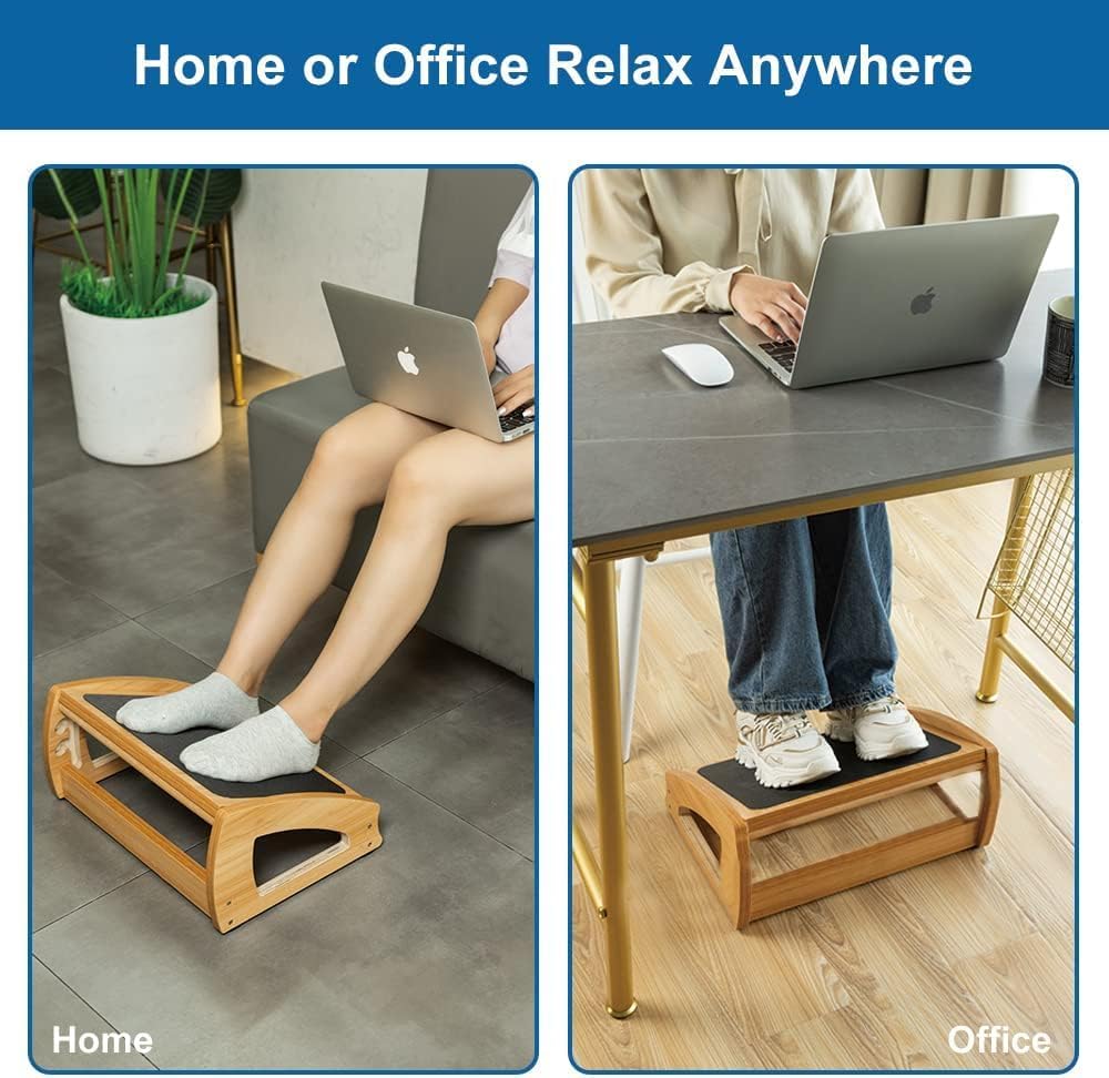 StrongTek Ergonomic Under Desk Footrest, 3 Adjustable Heights Wooden Office Footrest, Large Anti-Slip Surface, Improves Posture and Blood Circulation, up to 400lbs (Black)