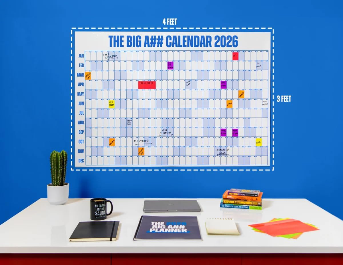 The Big A## Calendar Yearly Wall Planner – January to December Dry-Erase – Includes 1 Marker & 100 Labels – Lightweight, Easy to Hang Yearly Planner – Plan Goals & Adventures – Neutral, 4’x3’