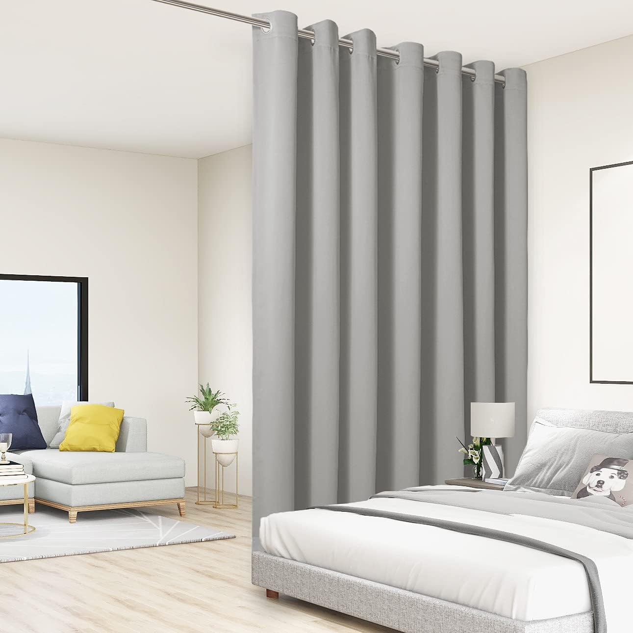 BONZER Room Divider Curtain Total Privacy Wall Extra Wide Grommet Room Darkening Curtains for Patio Sliding Glass Door, 108L x 150W Inch (9L x 12.5W ft), 1 Panel, Silver