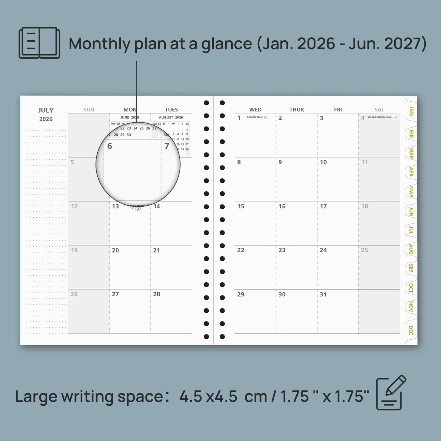 POPRUN Monthly Planner 2026-2027 Spiral Hardcover (8'' x 10''), 18 Months Calendar (Jan.2026-Jun.2027) - 2 Pages per Month with Dotted Note Pages, Sunday Start, Laminated Tab - Orange