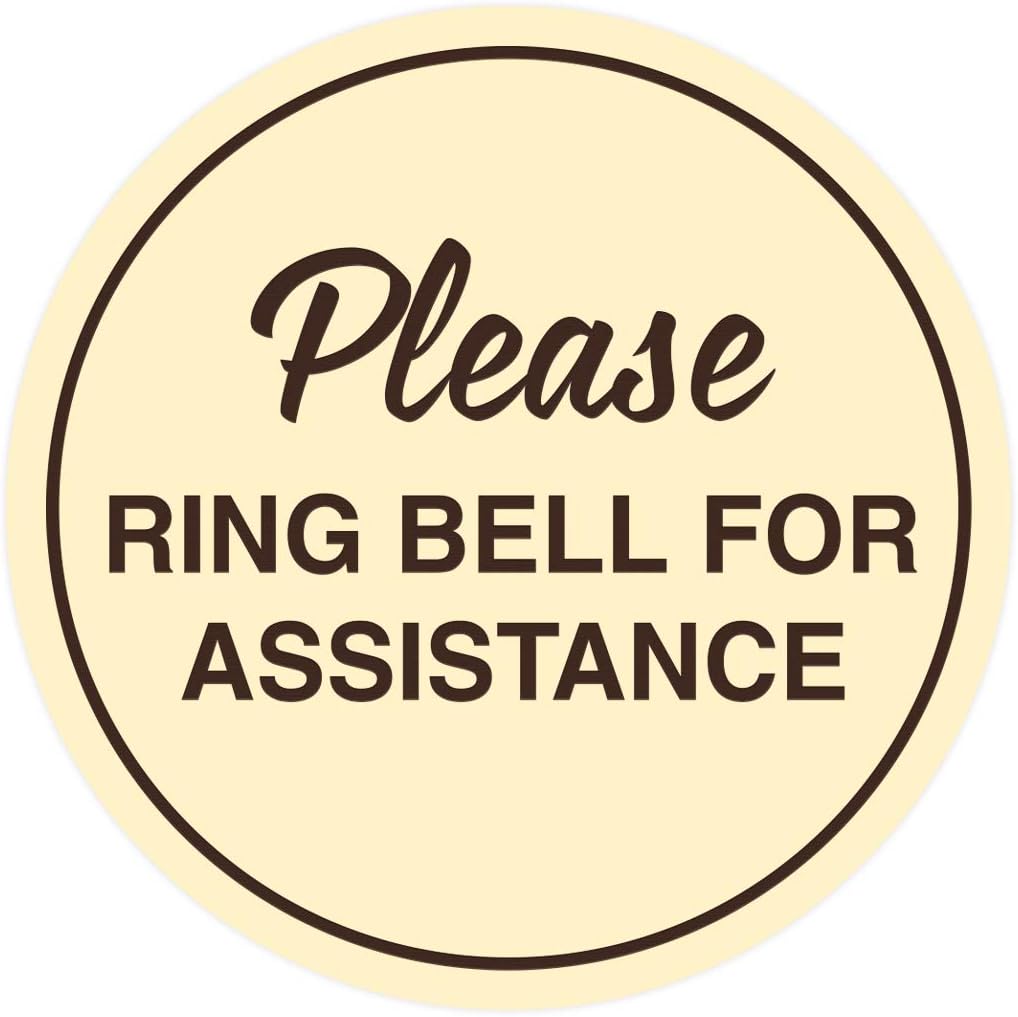 Signs ByLITA Circle Please Ring Bell For Assistance Wall or Door Sign | Easy Installation | Front Desk Reception Sign (Ivory/Dark Brown) - Medium (10 Pack)