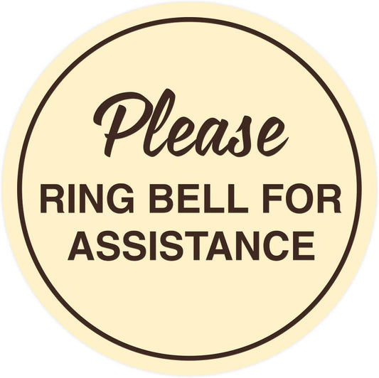 Signs ByLITA Circle Please Ring Bell For Assistance Wall or Door Sign | Easy Installation | Front Desk Reception Sign (Ivory/Dark Brown) - Medium (1 Pack)